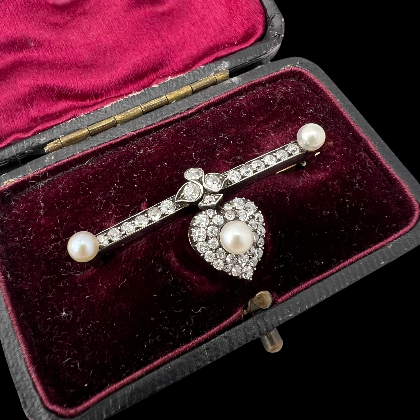 Victorial Pearl and Diamond Lover's Heart Bar Brooch