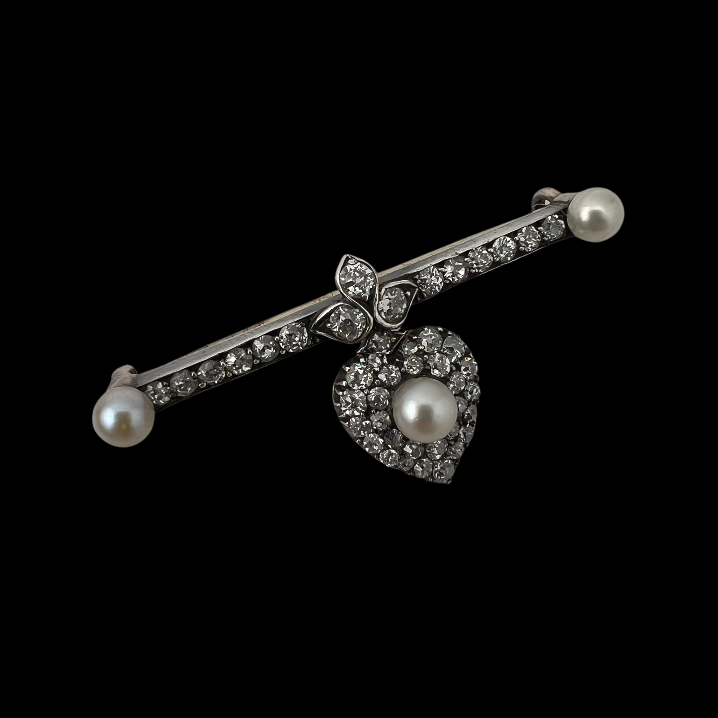 Victorial Pearl and Diamond Lover's Heart Bar Brooch