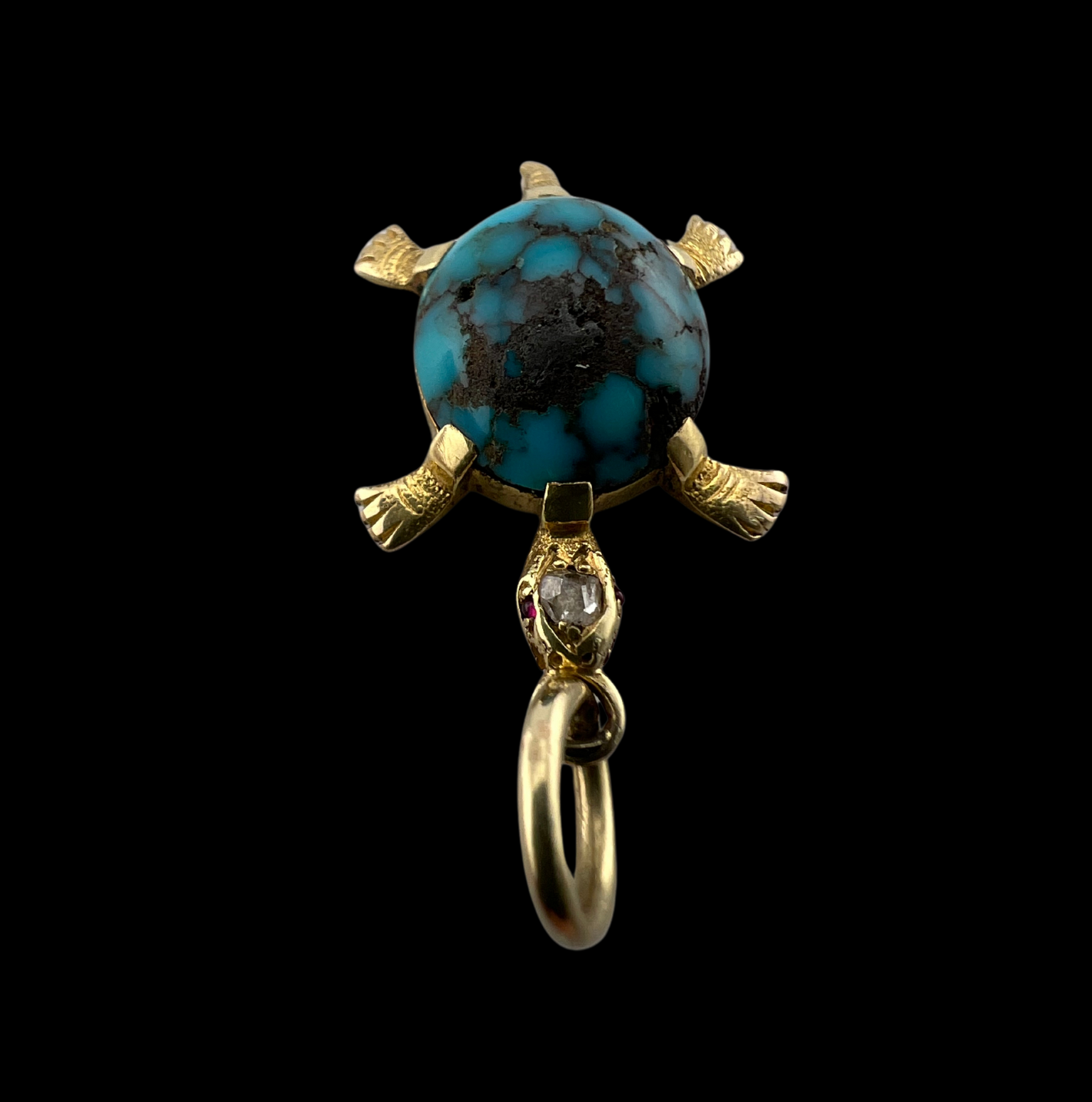 Vintage 18ct Gold, Turquoise, Diamond and Ruby Turtle Charm Pendant