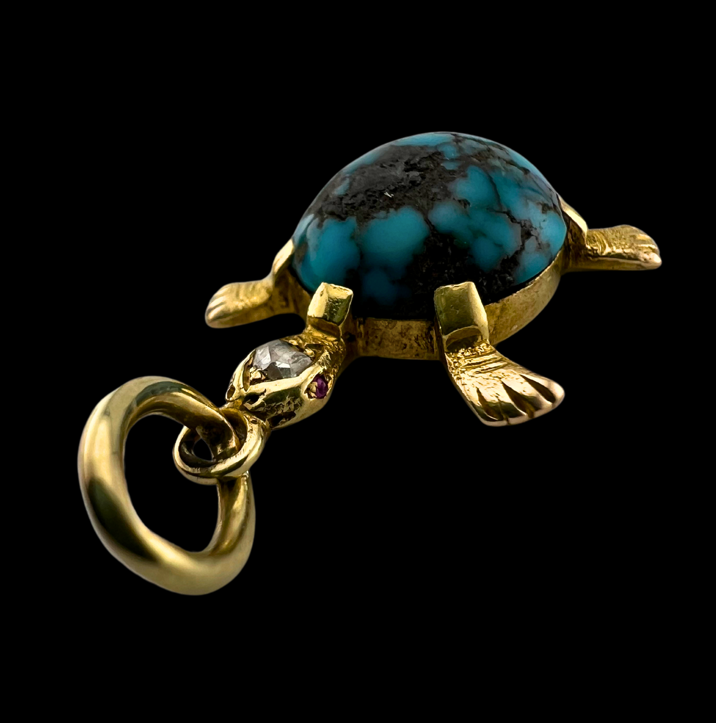 Vintage 18ct Gold, Turquoise, Diamond and Ruby Turtle Charm Pendant