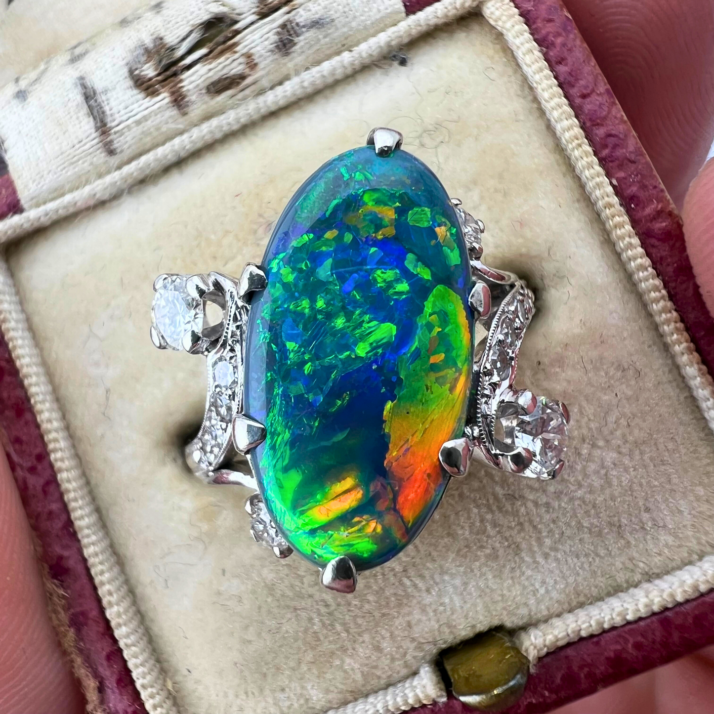 20th C. Black Opal & Diamond Ring