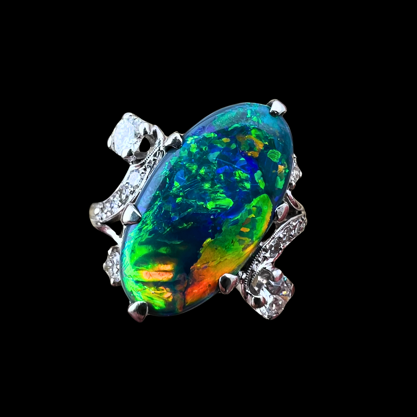 20th C. Black Opal & Diamond Ring