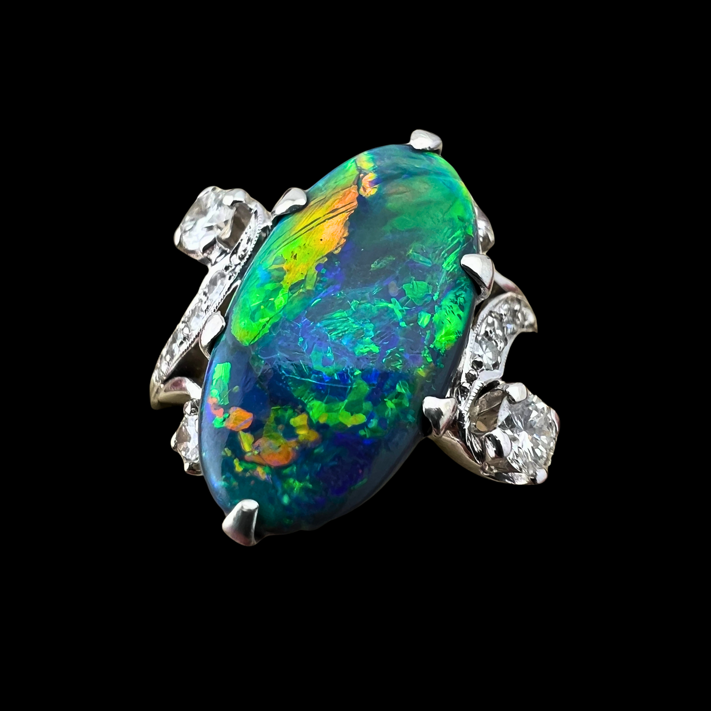 20th C. Black Opal & Diamond Ring