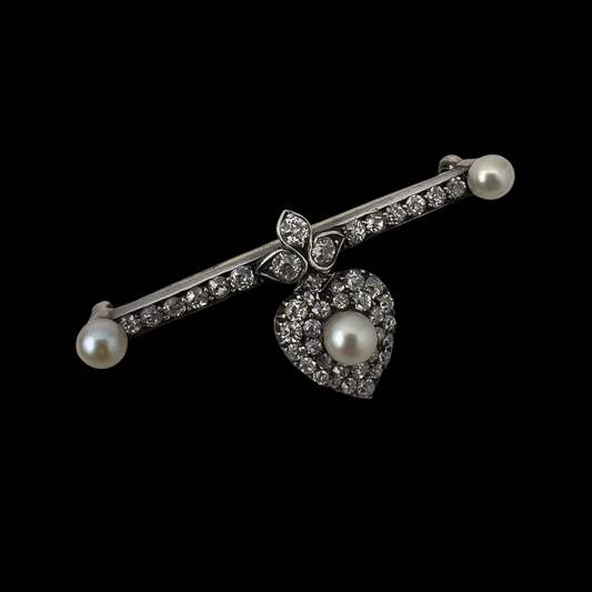 Victorial Pearl and Diamond Lover's Heart Bar Brooch