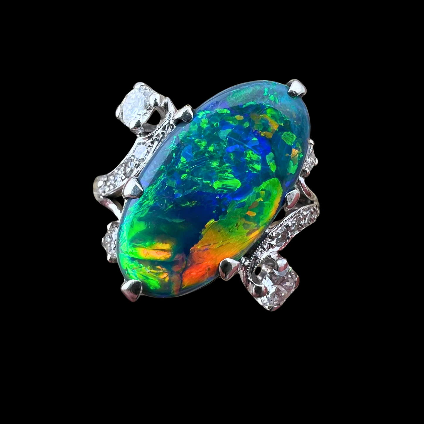 20th C. Black Opal & Diamond Ring