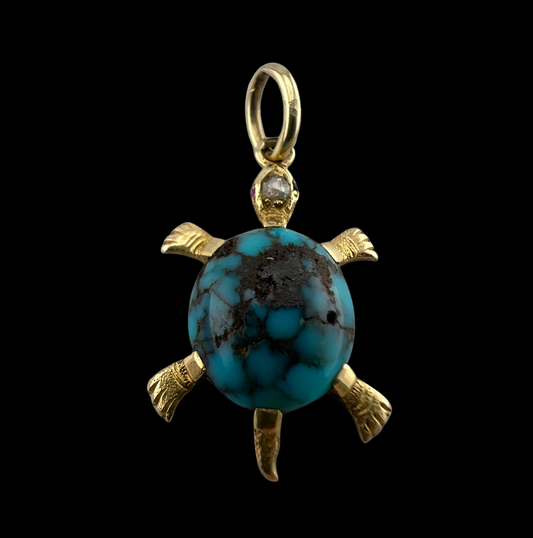 Vintage 18ct Gold, Turquoise, Diamond and Ruby Turtle Charm Pendant